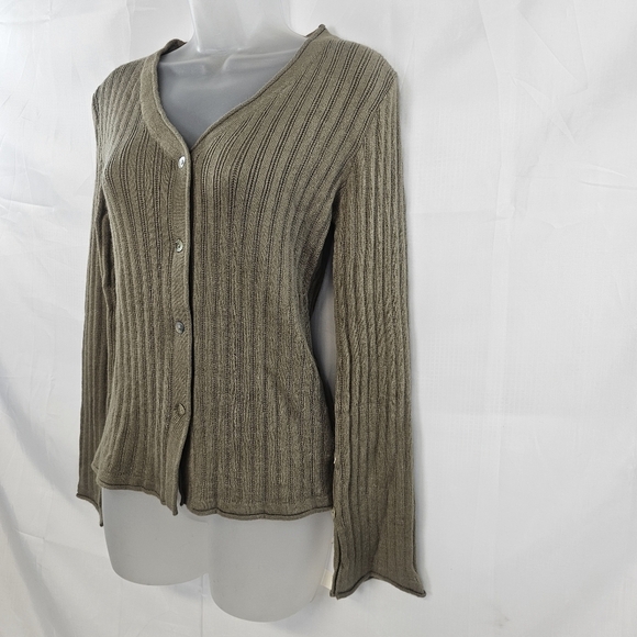 Commense Ribbed Button Front Cardigan Sweater Top Olive Brown Long Sleeve Size M - Picture 2 of 9